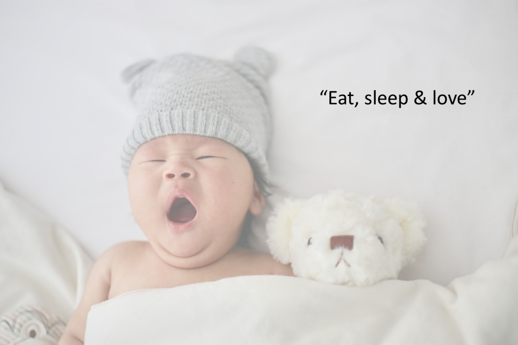 statement postcard - a sleepy baby with their teddy bear
comment - Eat, sleep and love