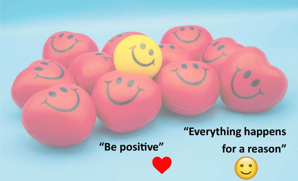 statement postcard - a pile of stress balls and stress hearts with big smiley faces
comment - Be positive, Everything happens for a reason