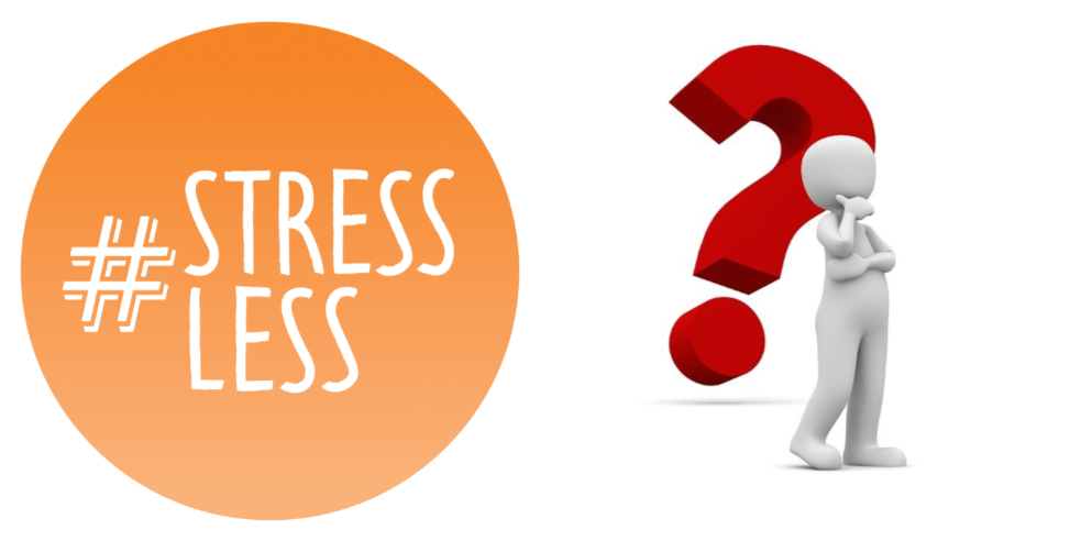orange circular stressless logo on the left, next to a morph person thinking in front of a giant red question mark