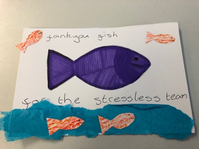 piece of personalised art work left for the Stressless team - thankyou fish, for the stressless team