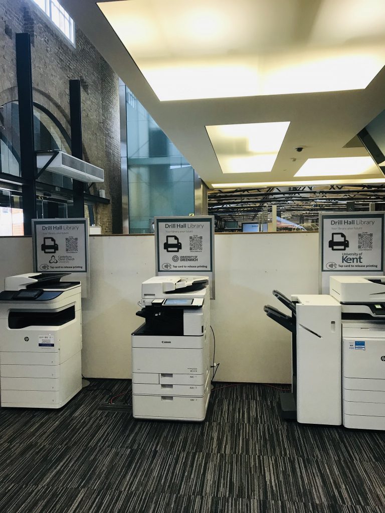 Printers located in the Drill Hall Library. CCCU printers are designated by the use of the logo above the printer.