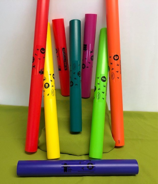 Eight boomwhacker sticks distinguished by colour, size and note
