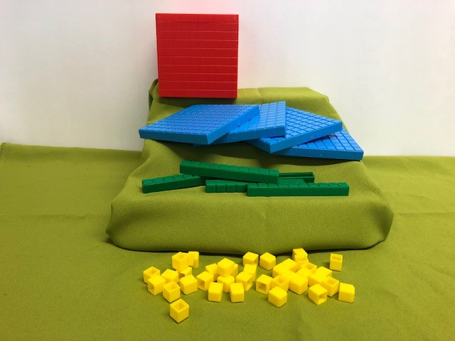 Base ten set - cube 10x10x10, square 10x10x01, stick 10x01x01 and individual cubes