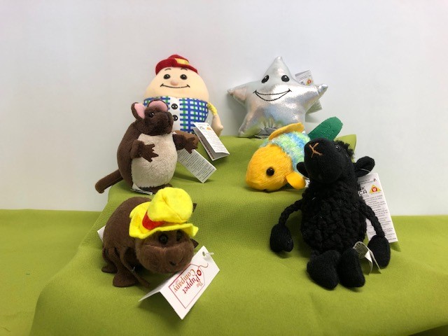Six finger puppets - humpty dumpty, silver star, mouse, fish, spider and sheep.