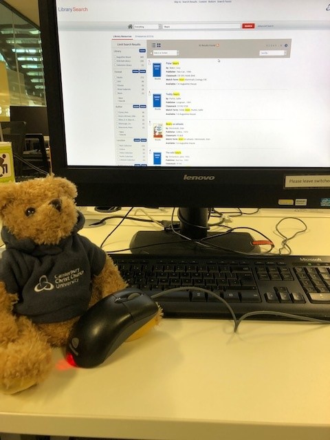 CCCU branded bear sitting by the librarysearch computer