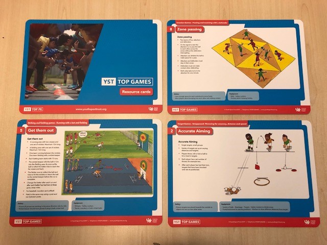 An assortment of tops PE games cards