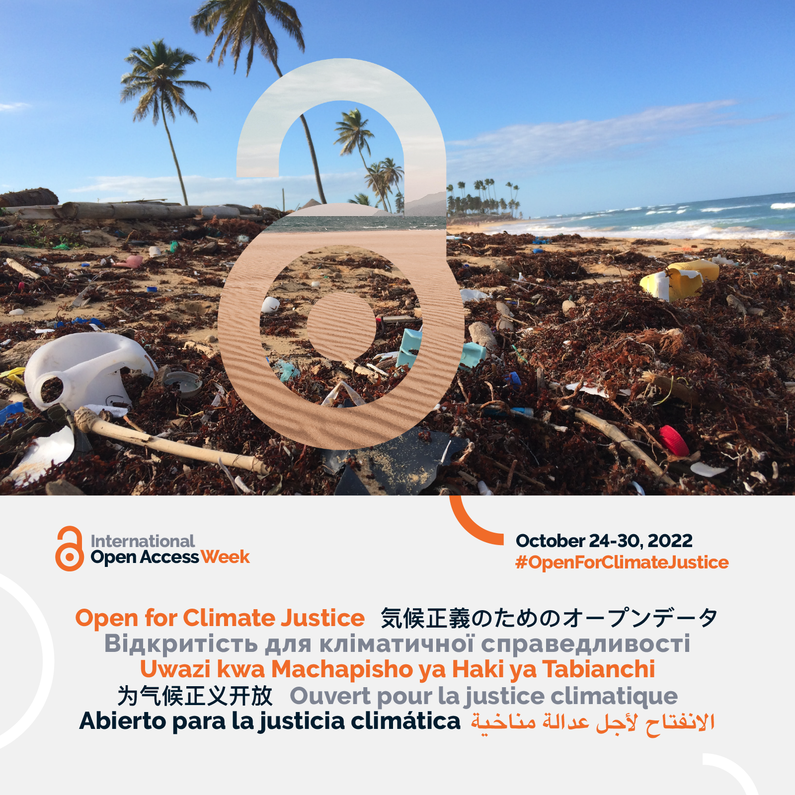 Image shows polluted beach with text reading 'open access week 2022' in various languages written underneath