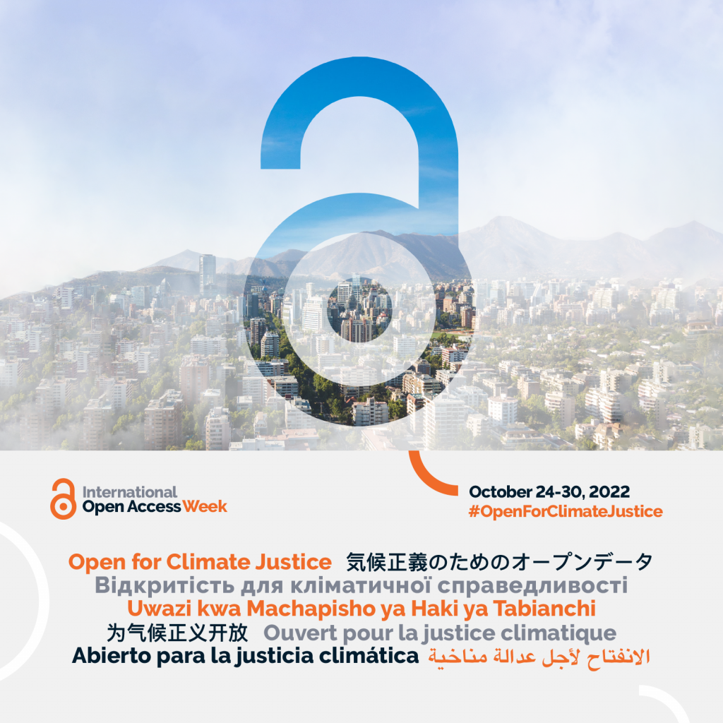 Image shows photography of city with open access symbol imposed on it and "open for climate justice" in many languages written underneath.