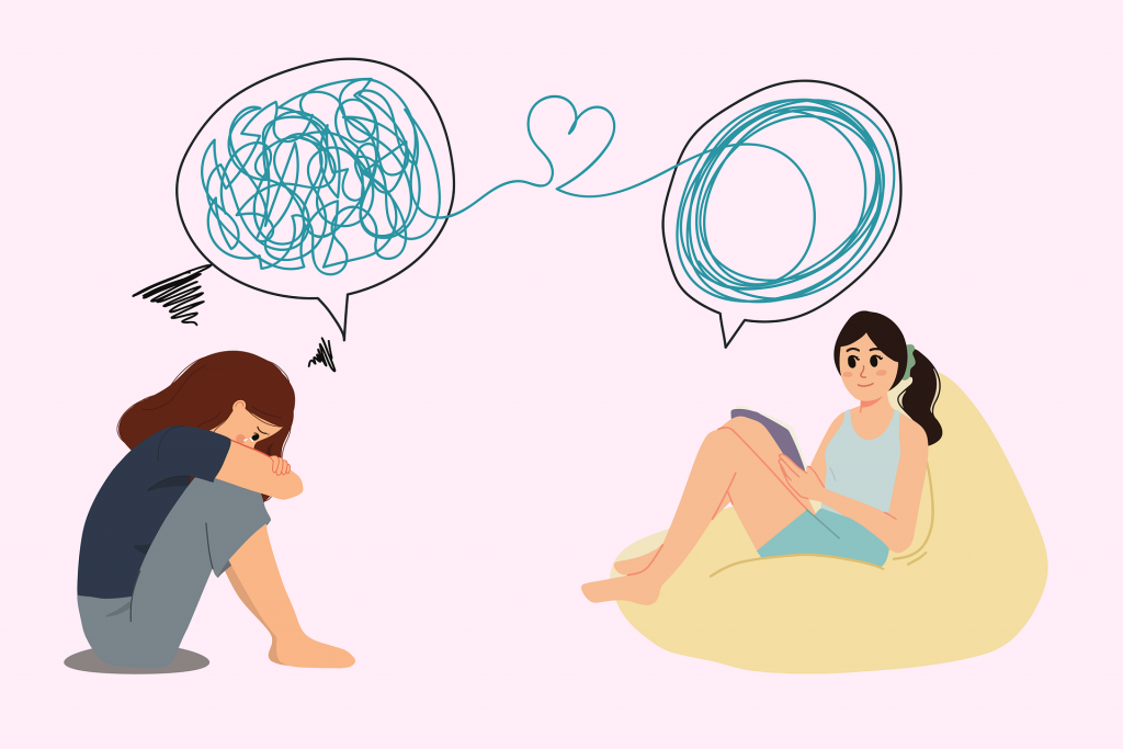 A cartoon of two women with speech bubbles, one talking and the other one listening, symbolising therapy or counselling.