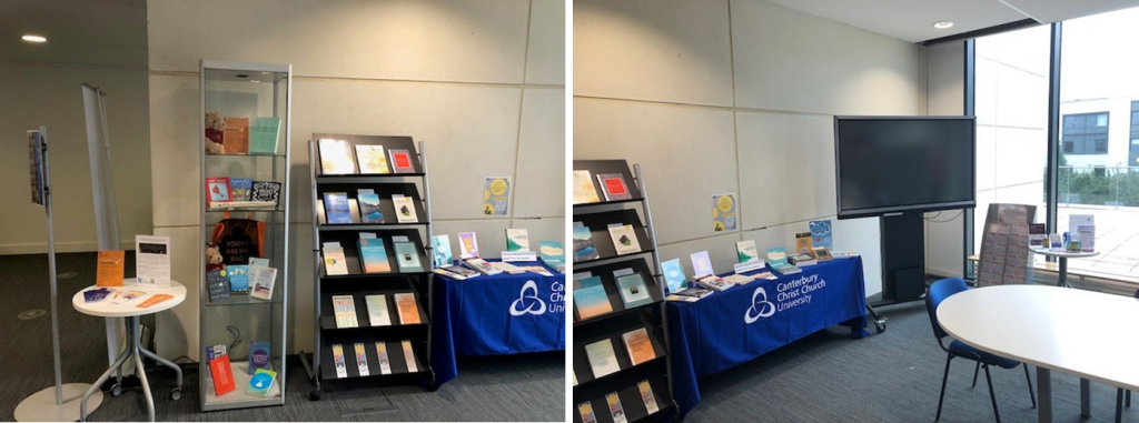 Two images exploring the academic and wellbeing support area including cccu bookshop display, library resources display, mental health presentation, useful links and resources