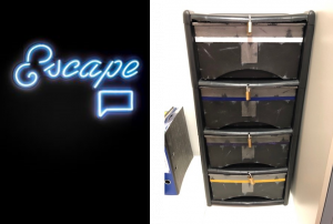 Two images exploring the student created escape room box