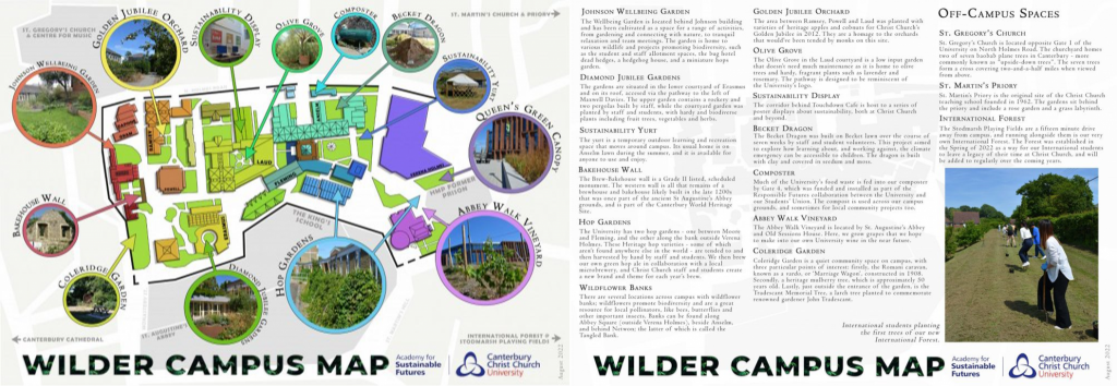 Two images presenting the wilder campus map, with information on the reverse for all areas