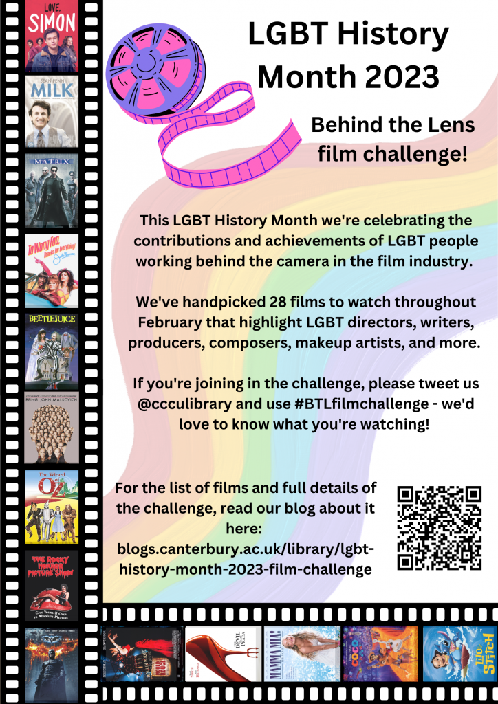A poster promoting the #BehindtheLens film challenge. Contains a QR code to the blog post about the challenge and the link: blogs.canterbury.ac.uk/library/lgbt-history-month-2023-film-challenge.