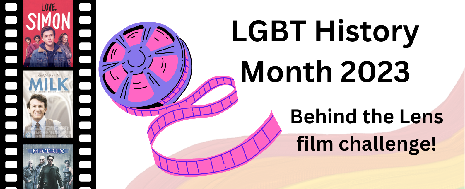 A poster promoting the #BehindtheLens film challenge. Contains a QR code to the blog post about the challenge and the link: blogs.canterbury.ac.uk/library/lgbt-history-month-2023-film-challenge.