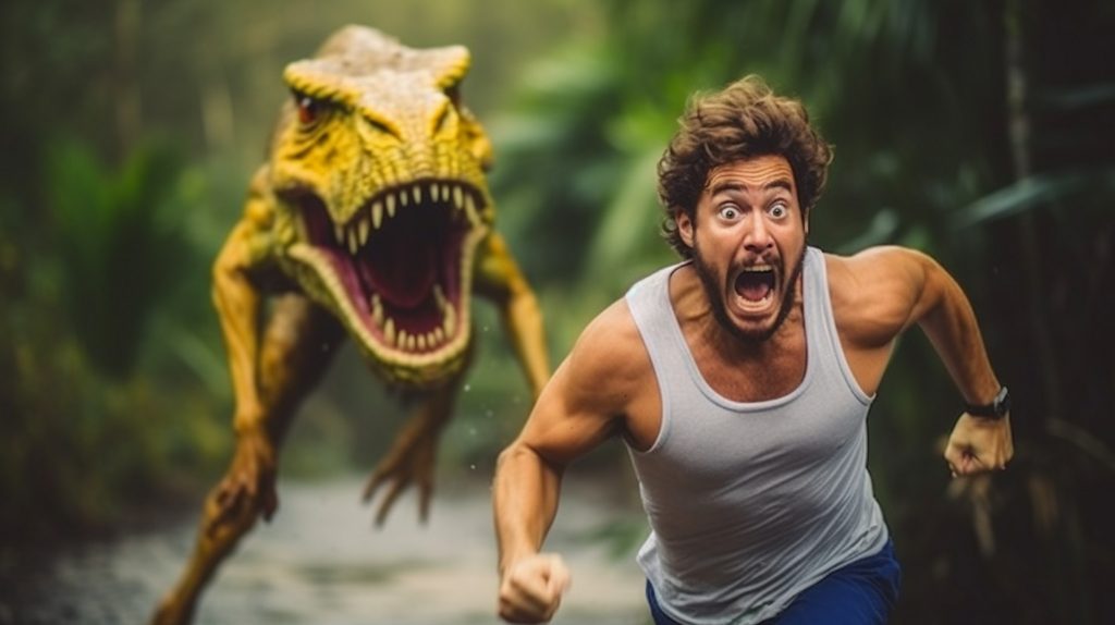 A man running away from a dinosaur. 