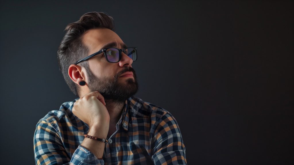 A man looking unhappy and looking up as for inspiration in front of a dark background.