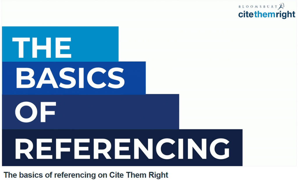 Video detailing the Basics of referencing available on Cite them right online. 
From here you can discover where the articles, videos and tutorial are on Cite Them Right. Find out how they can support you with referencing, plagiarism and making notes.