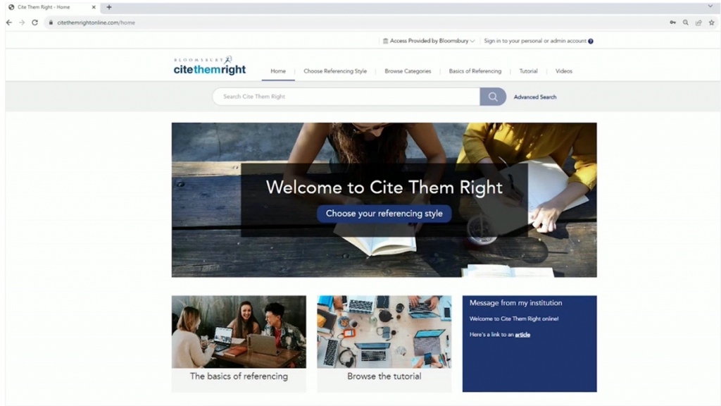 Screen shot displaying the homepage of Cite them right online resource. 