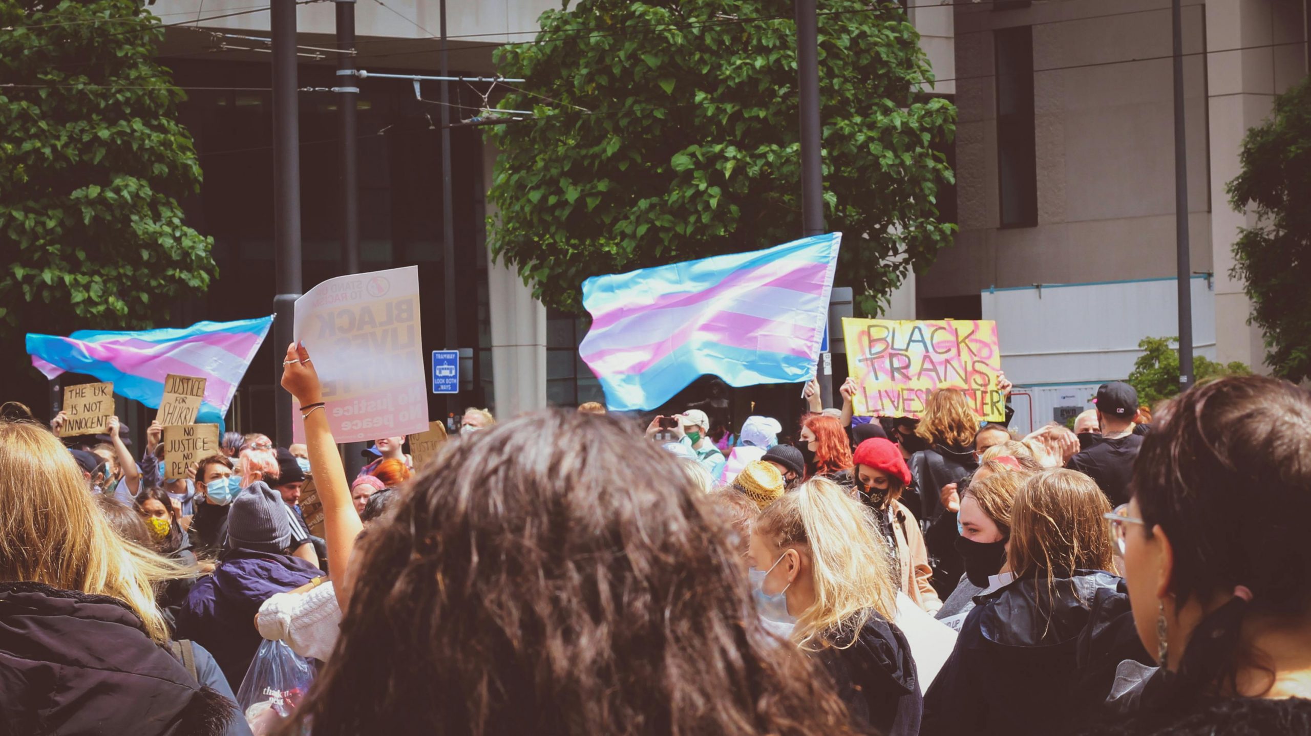 crowd with transgendered flag