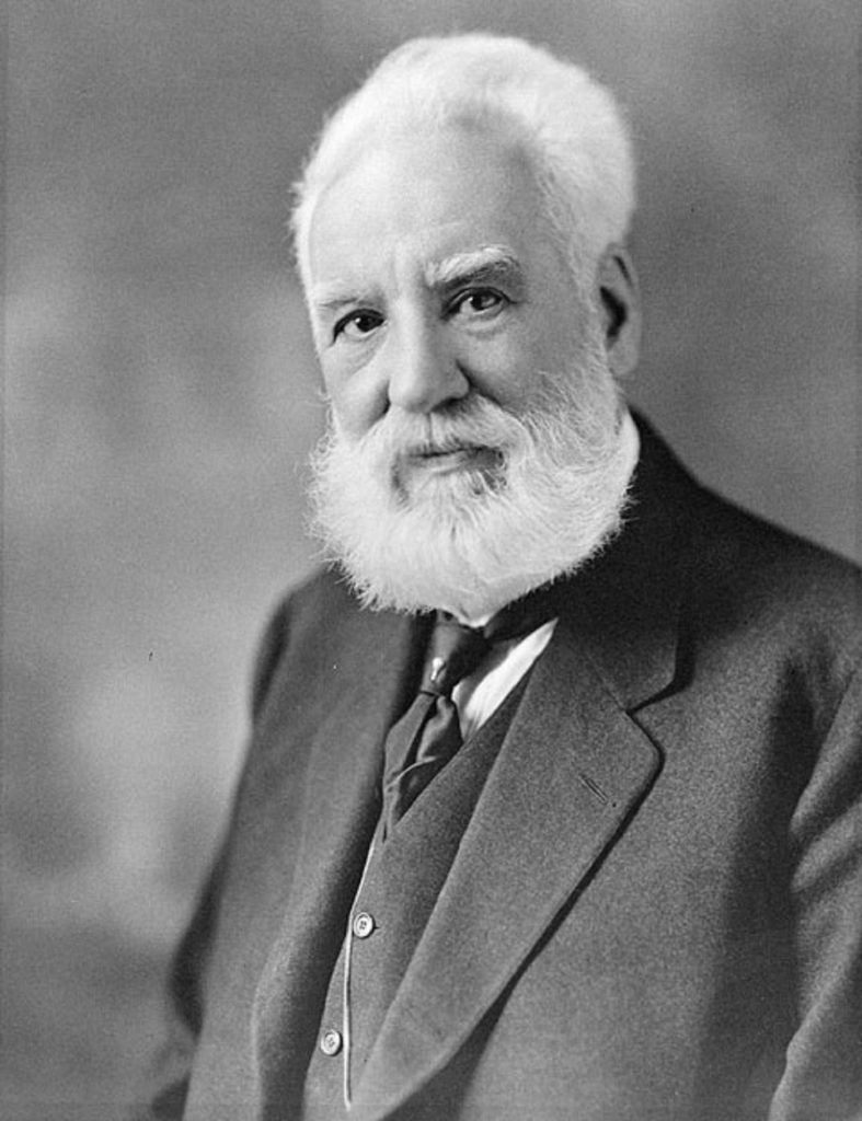 A black and white portrait of Alexander Graham Bell.