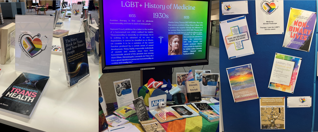 Three book displays in three locations. All feature the logo for LGBT+ History Month 2024. One shows the covers of books, one has the books themselves, and the other has the books, plus info about history of medicine.