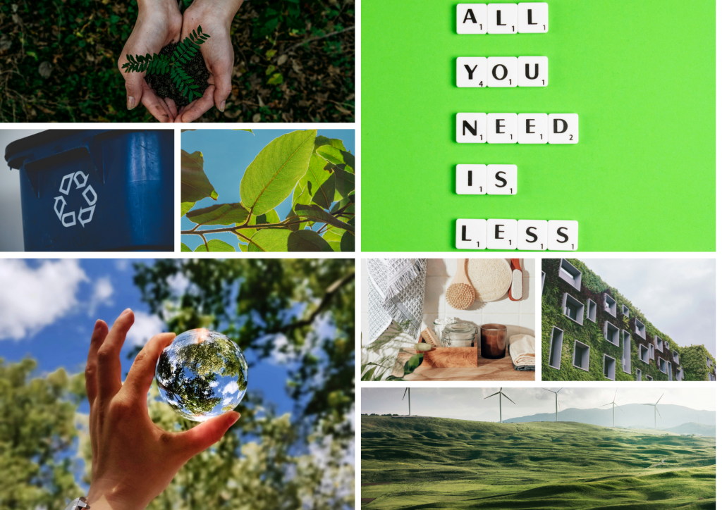 Collage of images depicting Eco-Hope exploring sustainability, recycling, nature and renewable energies.