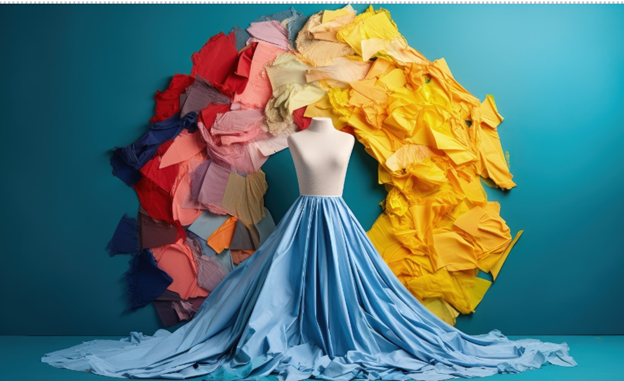 Dress in front of many different coloured material.