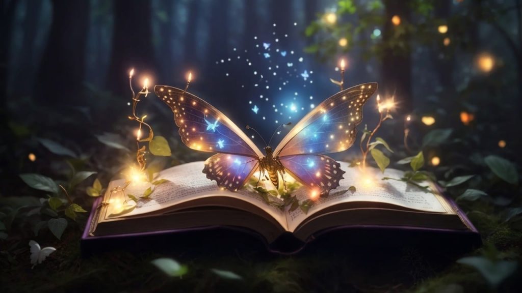 Open book with fireflies and a butterfly on the top of some magical leaves and branches. 