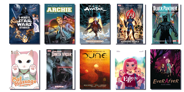 Screenshot of a collection of comic titles and graphic novels available via Libby. 2024