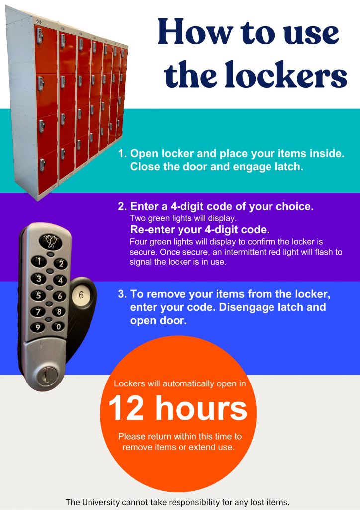 How to use the lockers? Instructions and details. Library Poster created by UE Team.