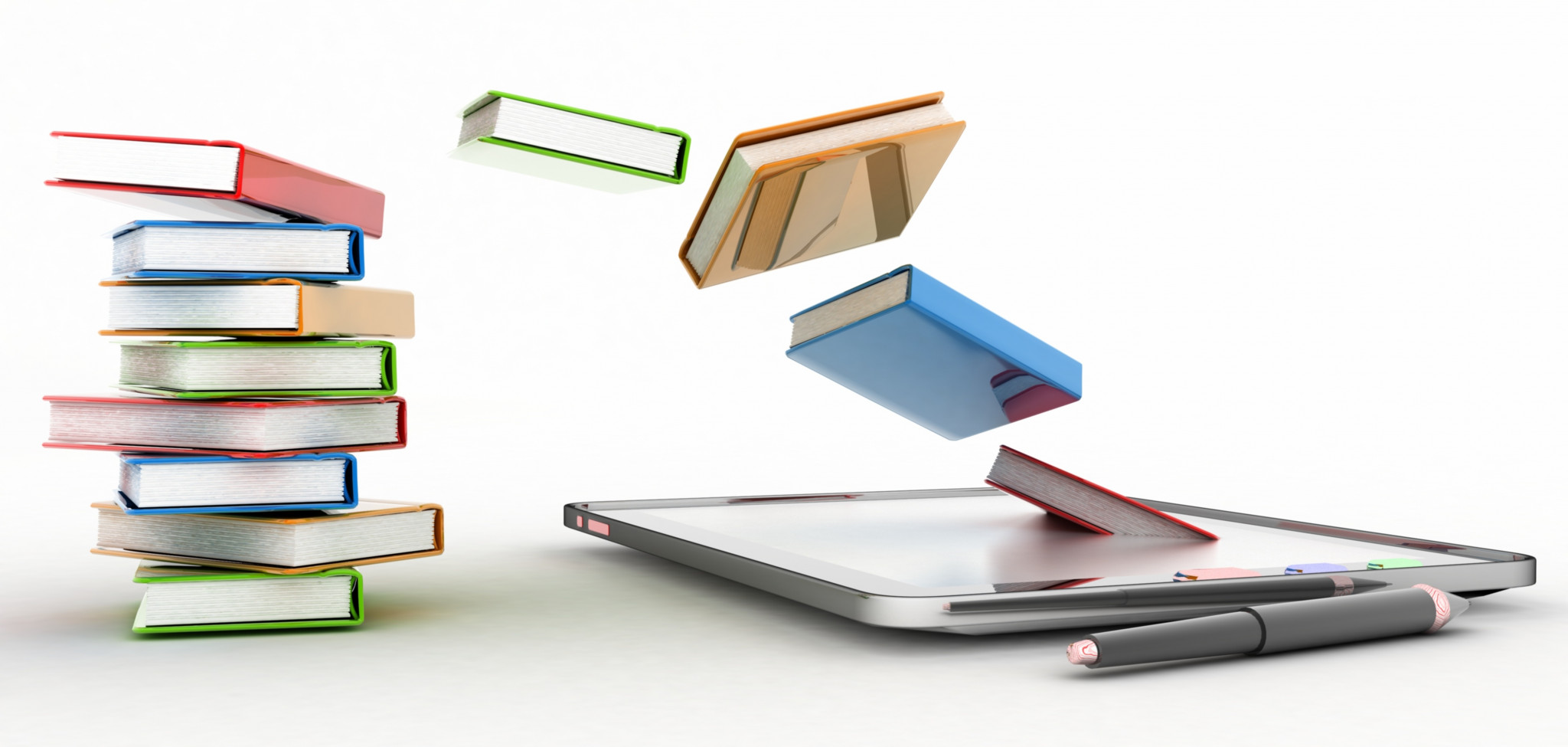 Image displaying colourful print books flying into the screen of an electronic device to demonstrate the idea of eBooks