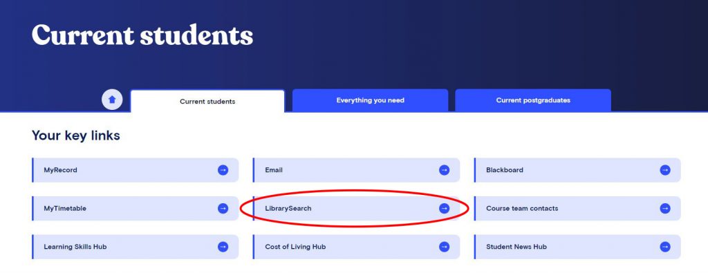 A screenshot of the current student webpages highlighting the location of a prominent link to LibrarySearch. 