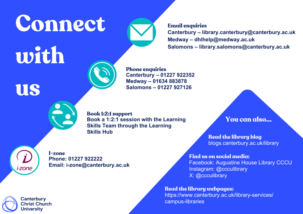 Connect with us. 

Email enquiries
Canterbury – library.canterbury@canterbury.ac.uk
Medway – dhlhelp@medway.ac.uk
Salomons – library.salomons@canterbury.ac.uk

Phone enquiries
Canterbury – 01227 922352
Medway – 01634 883878
Salomons – 01227 927126

Book 1:2:1 support
Book a 1:2:1 session with the Learning Skills Team through the Learning Skills Hub

I-zone
Phone: 01227 922222
Email: i-zone@canterbury.ac.uk

You can also...

Read the library blog
blogs.canterbury.ac.uk/library

Find us on social media:
Facebook: Augustine House Library CCCU
Instagram: @ccculibrary
X: @ccculibrary

Read the library webpages:
https://www.canterbury.ac.uk/library-services/
campus-libraries