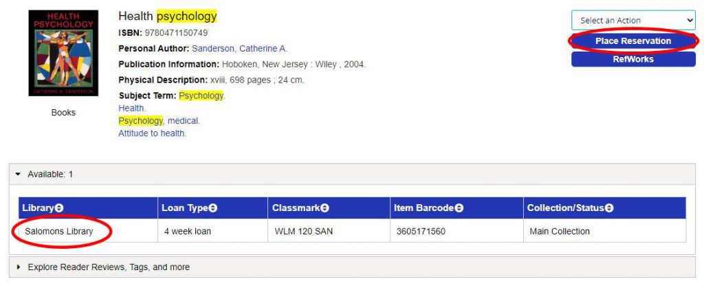 LibrarySearch item details screen showing the library the item is held and the place reservation button.