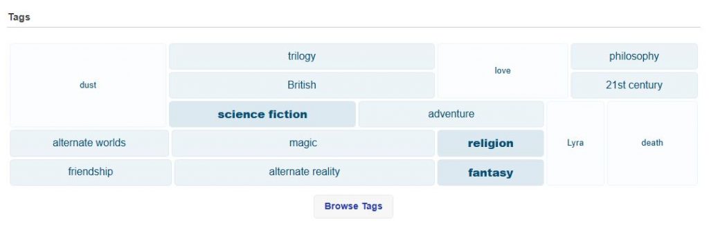 The tags screen in LibrarySearch, showing a range of subject related options.