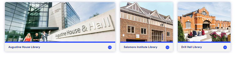 Screenshot from the Canterbury Christ Church University Library website. Augustine House Library, Salomons Institute Library and Drill Hall Library, buildings.
