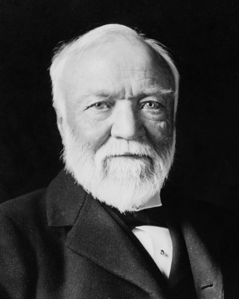 Black and white portrait of Andrew Carnegie taken from Wikimedia Commons.