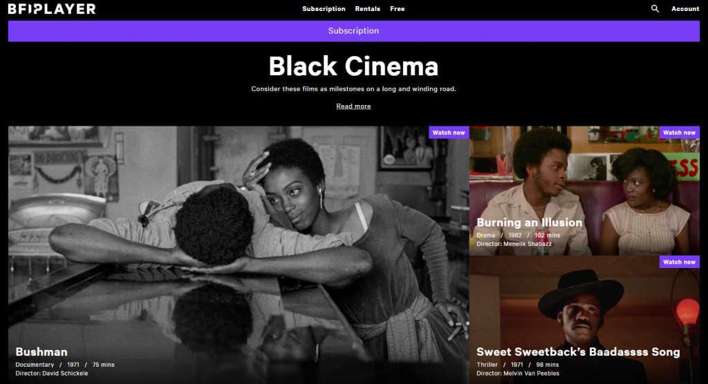 BFI Player black cinema webpage screenshot.