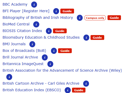 Find Databases A-Z screenshot of titles beginning with 'b'