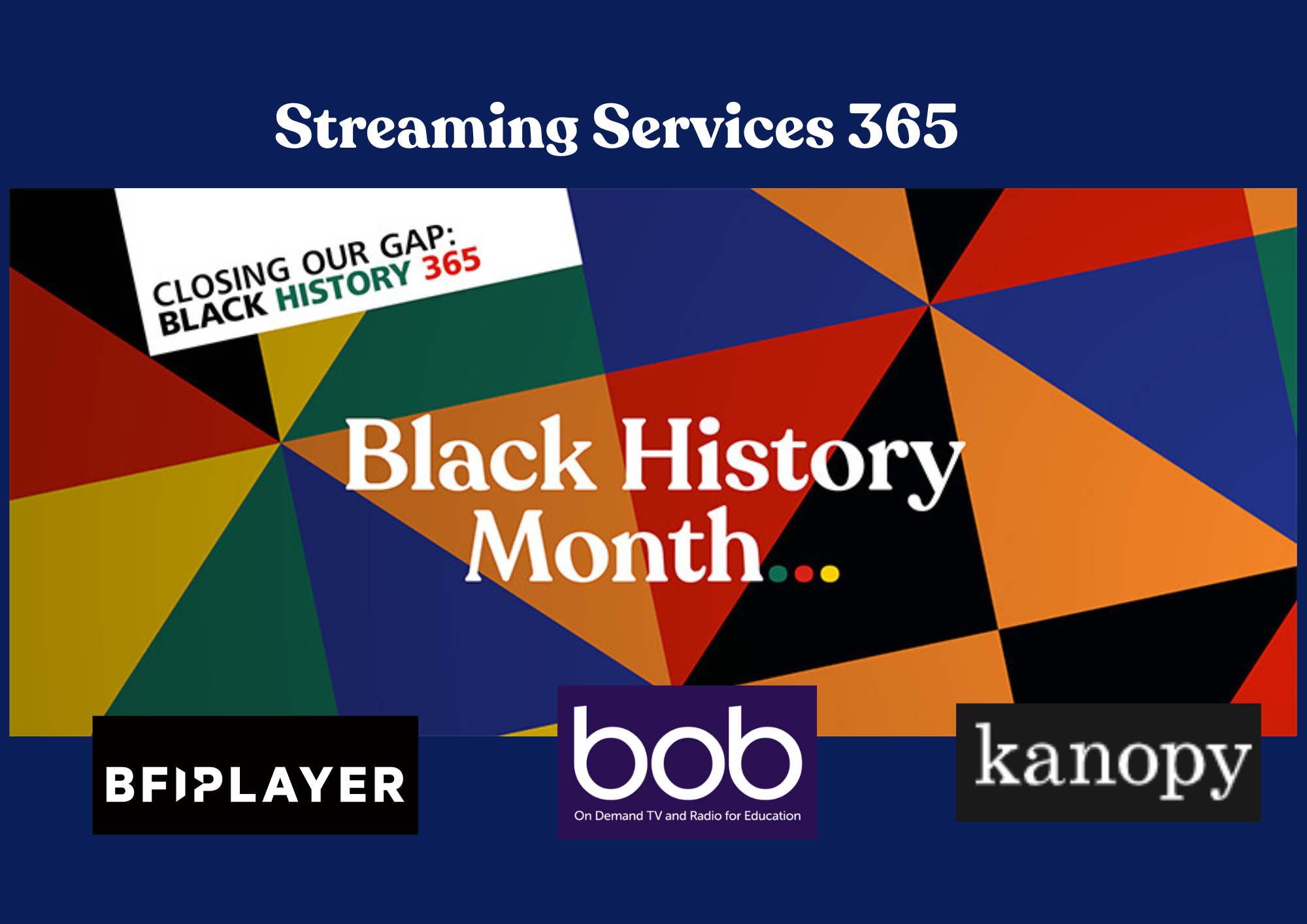 CCCU Black History Logo with Streaming services logos for BFI Player, BoB and Kanopy