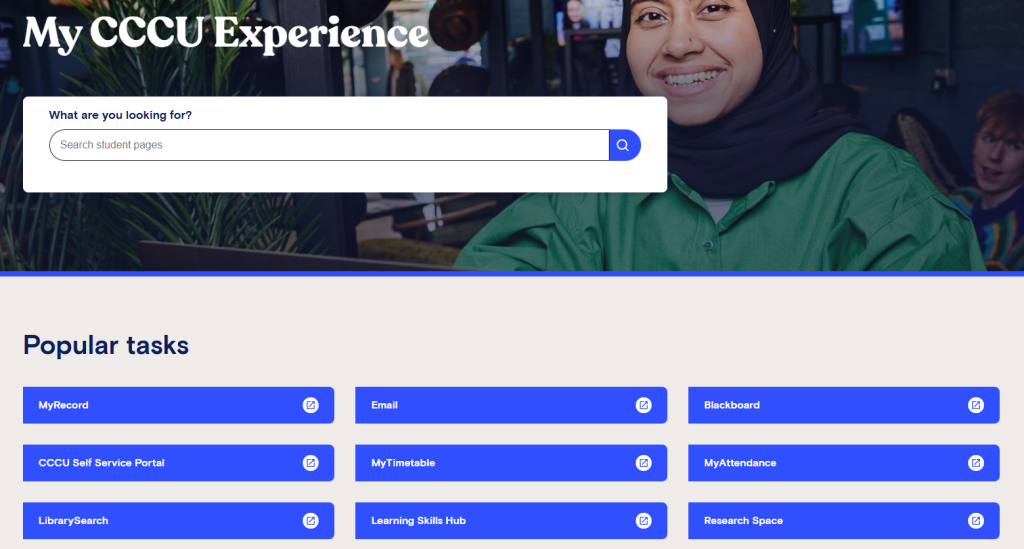 Screenshot of the student 'My CCCU Experience' page. 