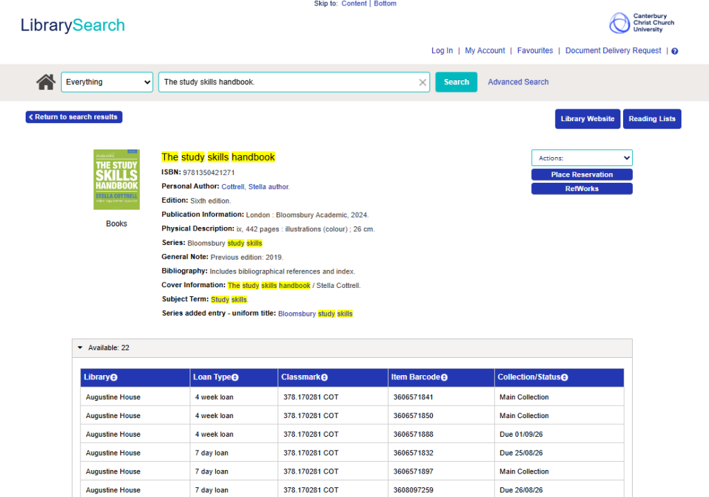 Screenshot from LibrarySearch results menu. Showing results and location of Study Skills book for Stella Cottrel. 
