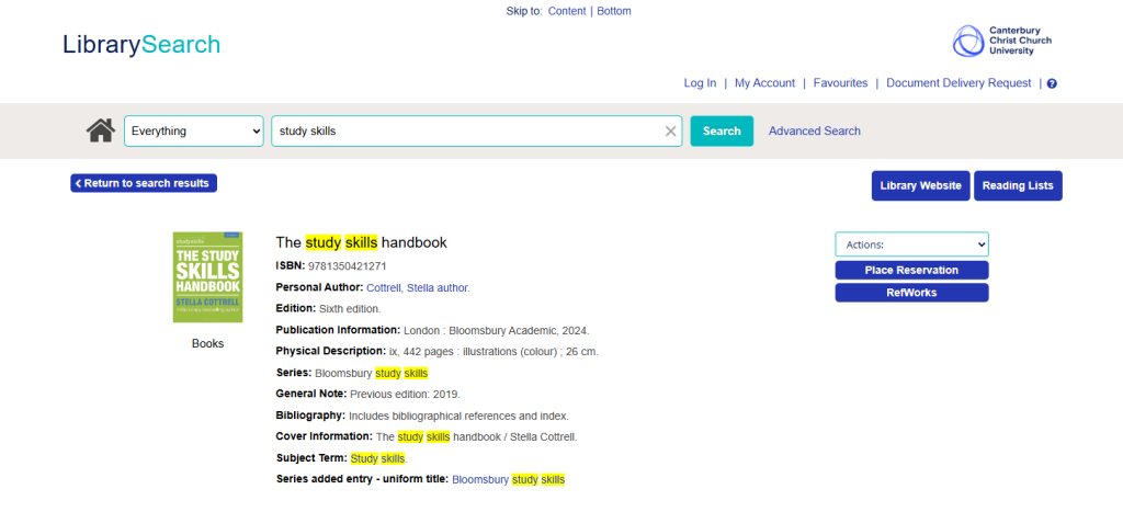 Screenshot of LibrarySearch results page.