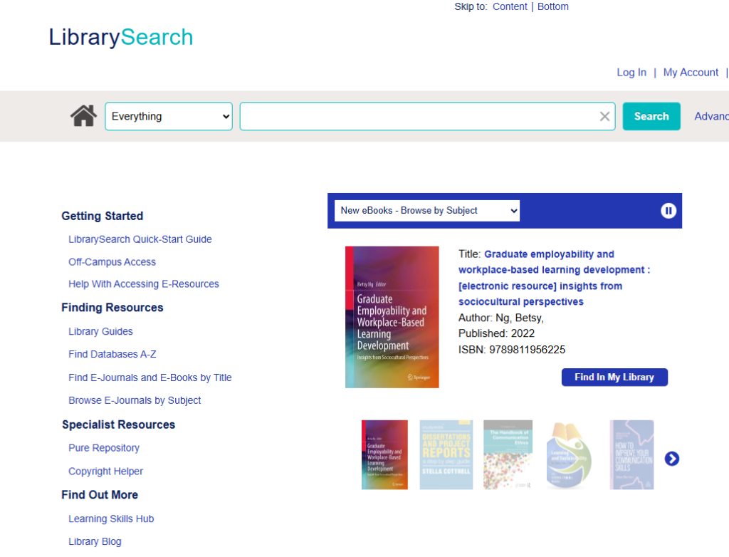 Main LibrarySearch menu page. Screenshot.