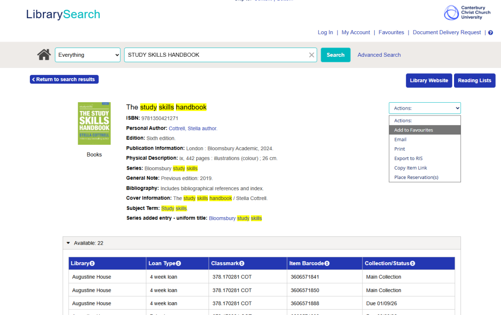 Screenshot of the LibrarySearch results page.