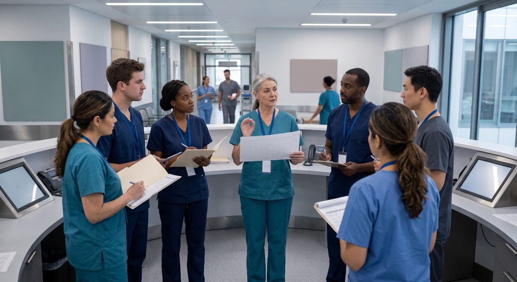 Diverse morning shift briefing at European Hospital Nursing Hub.
