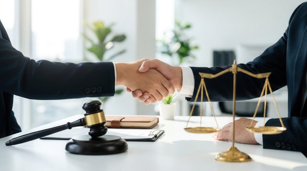 Professional male lawyer shaking hands in an office representing justice and law concept. 