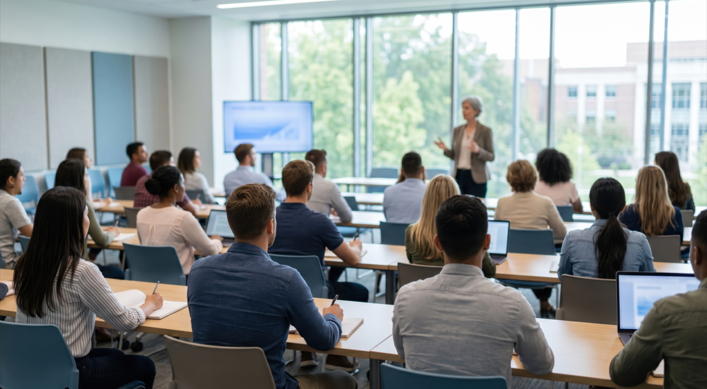Students attending business lecture in modern classroom. 