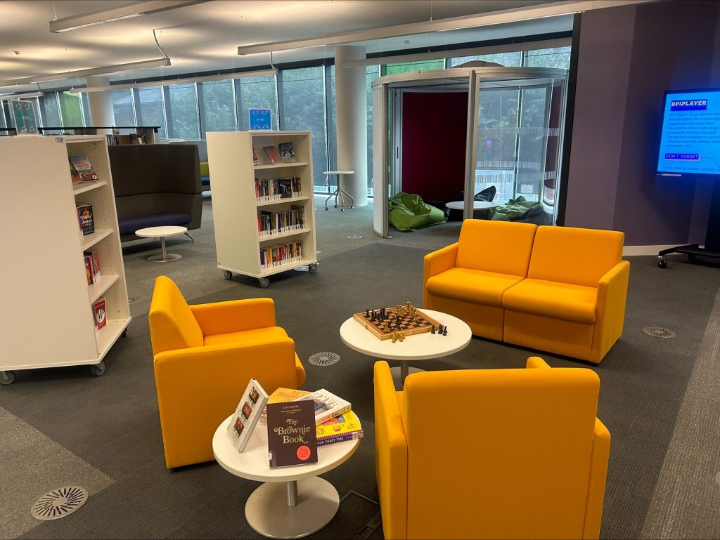 Photo of the Read and Relax space including the bookshelves, bean bag reading nook, and lounging area with