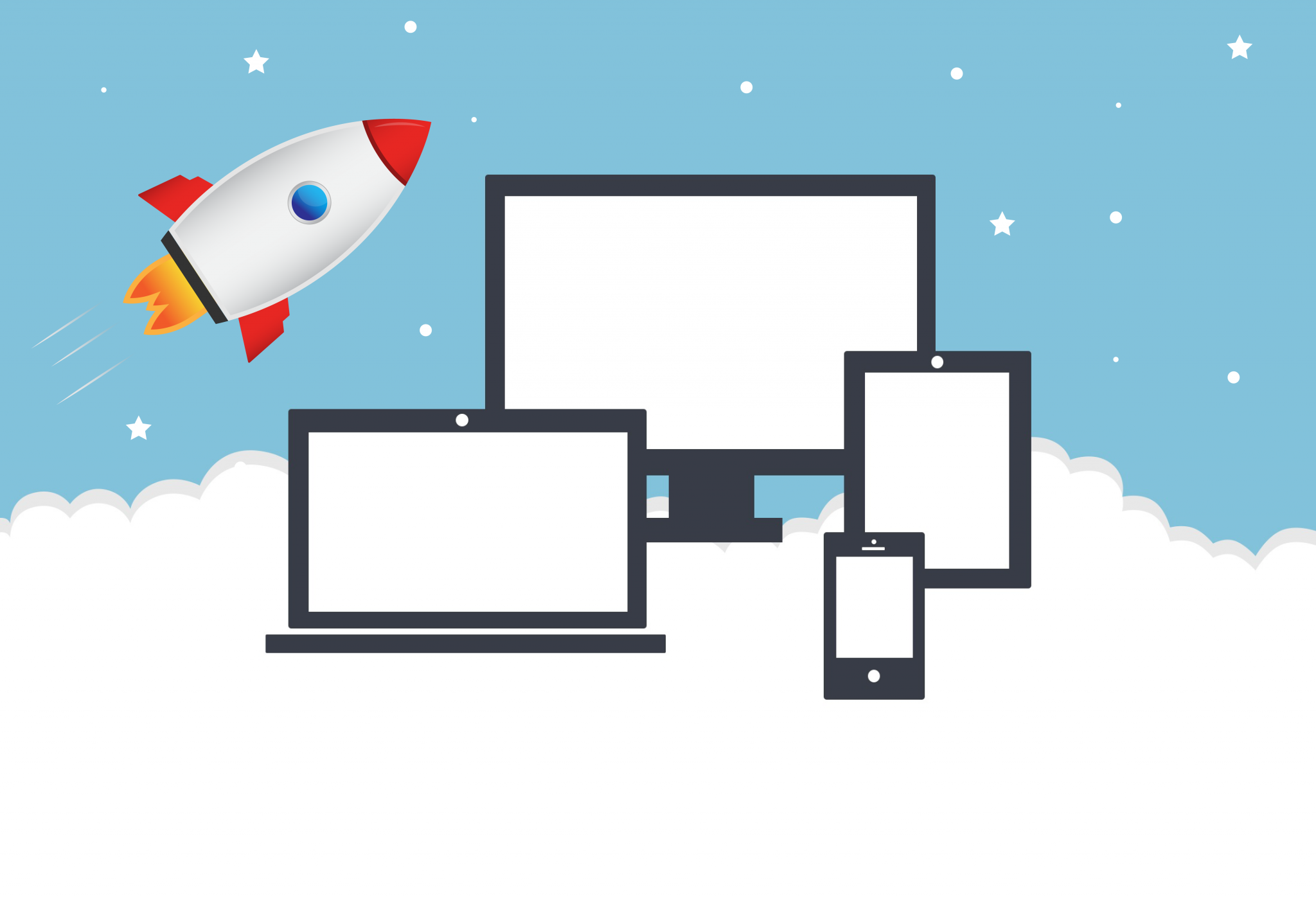 Image of different devise and computer screens above white clouds and a rocket soaring into space.